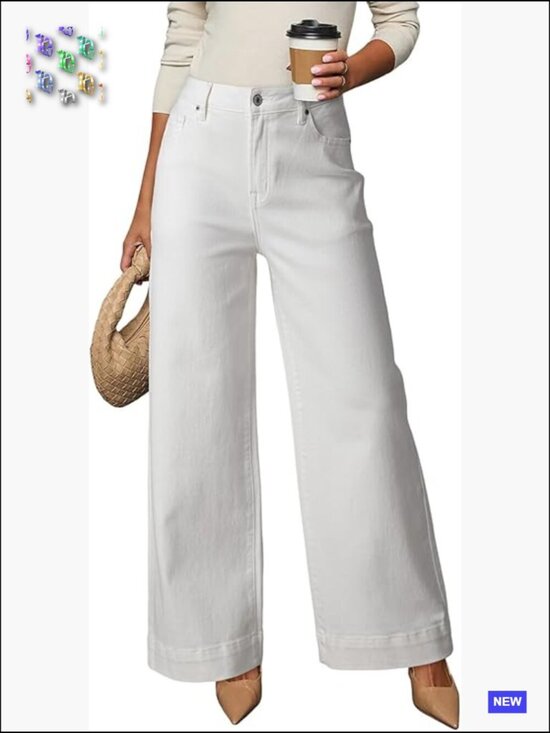 Denim - High Waisted Wide Leg Denim Jeans Stretch Button Fly Pockets Y2K Casual